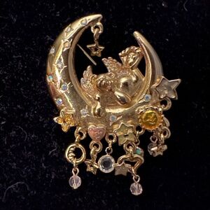 Vintage Kirks Folly Angel Teddy Bear Moon Brooch